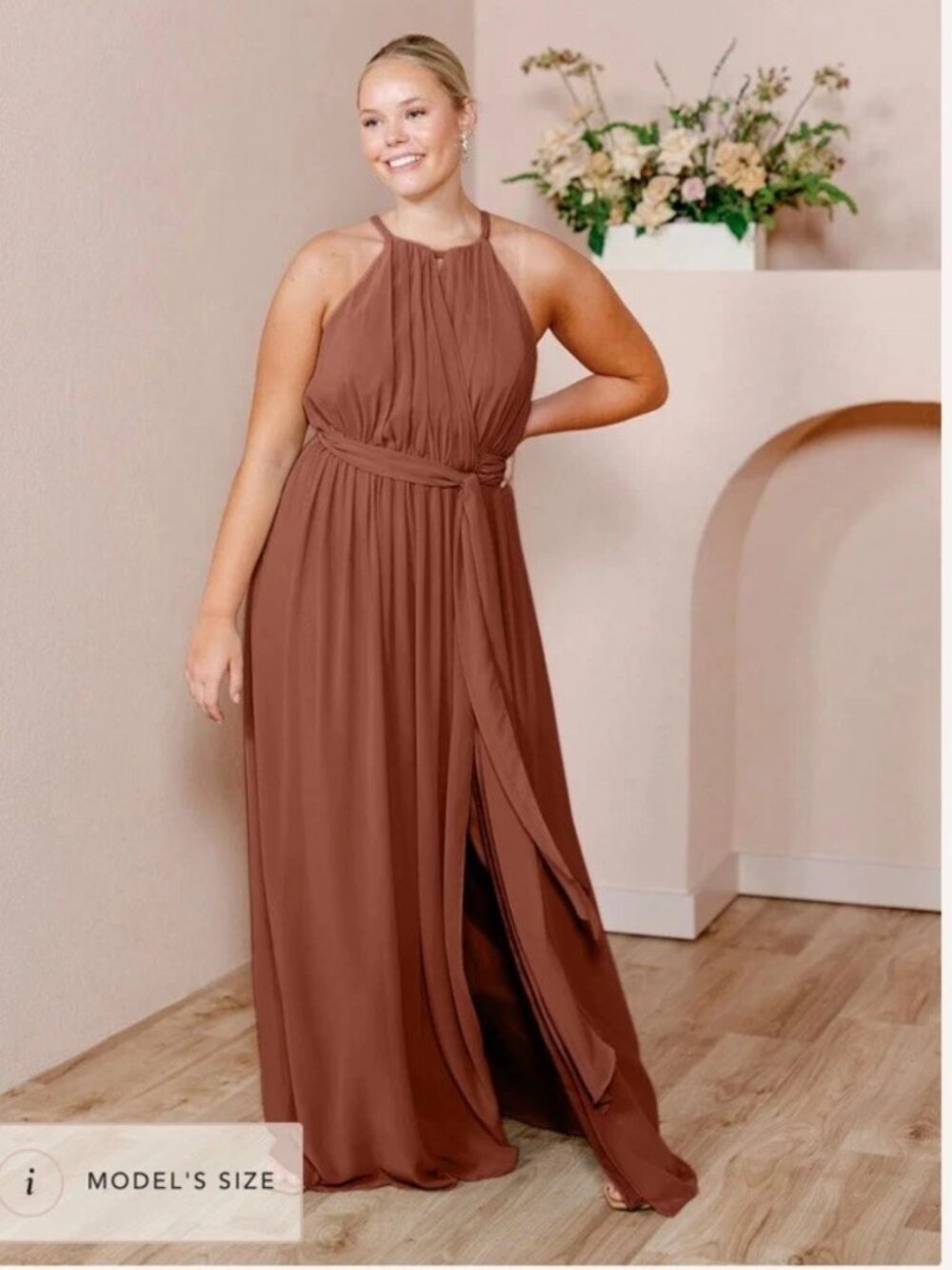 Revelry Eliza Chiffon Faux Wrap Dress Cinnamon Rose Size 12 Bridesmaid Dress